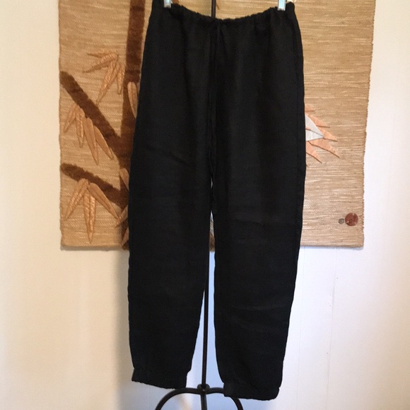 alma Pants - Alma black linen cropped elastic waist jogger pants